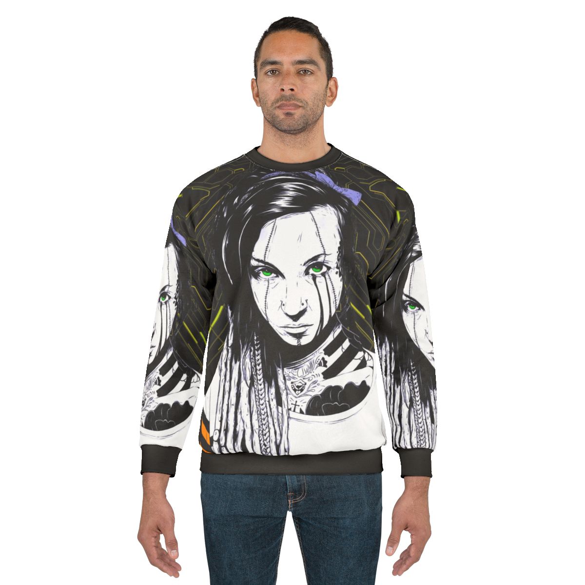 Cyberpunk girl wearing futuristic style sweatshirt