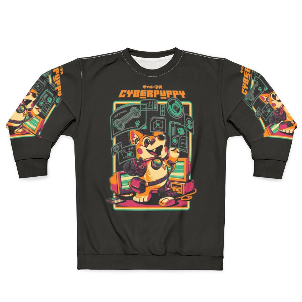 Cyberpunk sweatshirt with a cute retro corgi puppy graphic