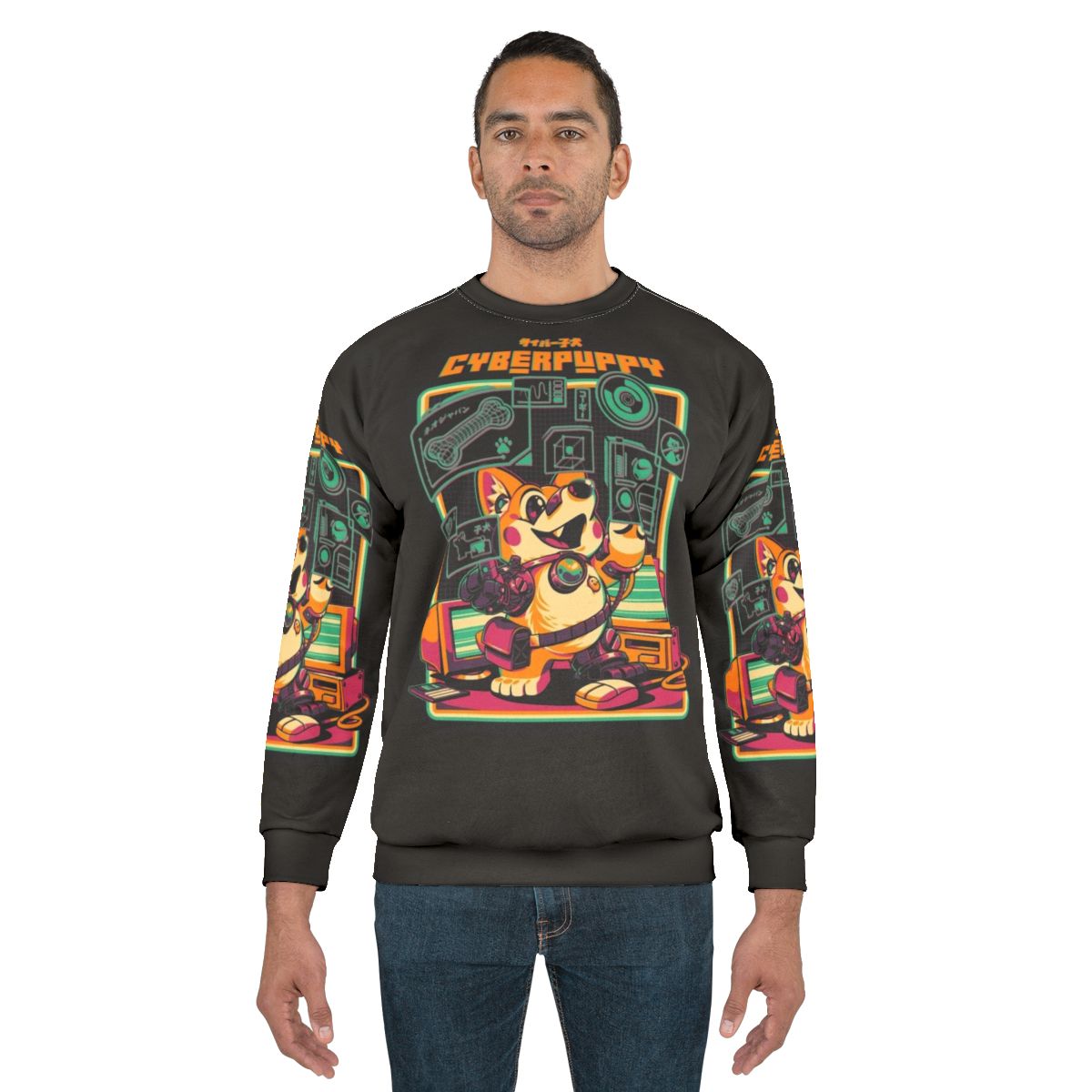 Cyberpunk sweatshirt with a cute retro corgi puppy graphic