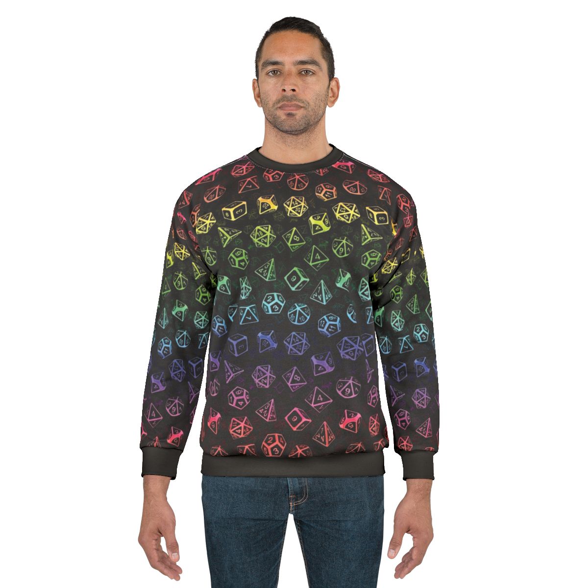 D20 dice set pattern rainbow sweatshirt for tabletop RPG gamers