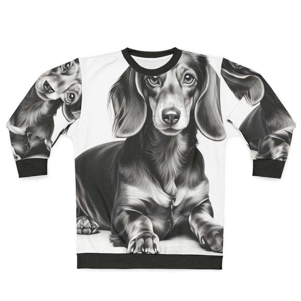 Dachshund dog lying down wearing a comfortable sweatshirt