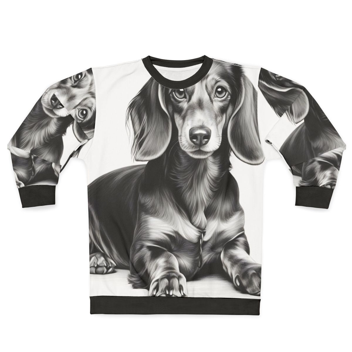 Dachshund dog lying down wearing a comfortable sweatshirt