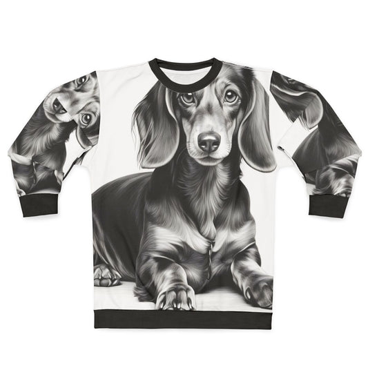 Dachshund dog lying down wearing a comfortable sweatshirt