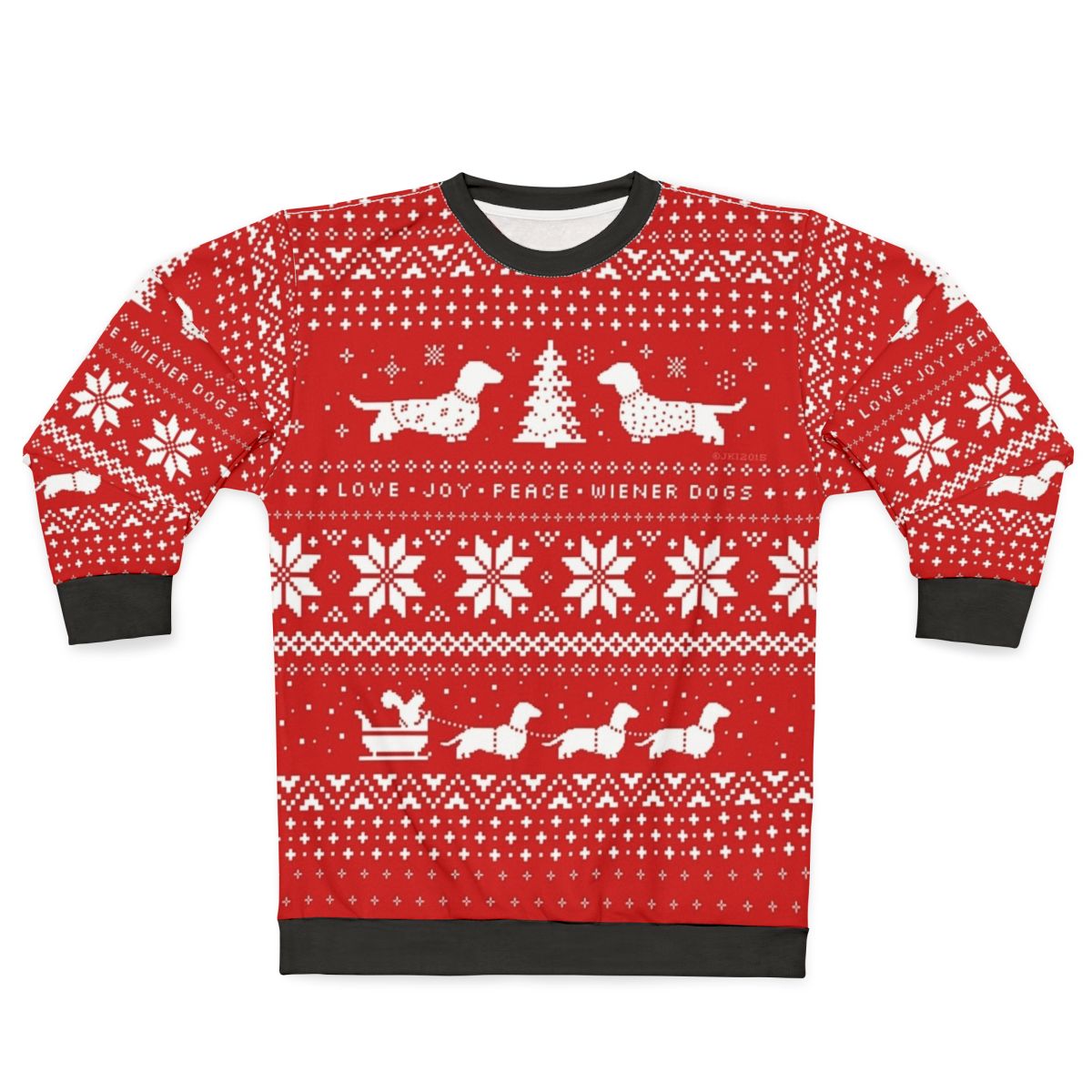 Dachshund wearing a cozy Christmas sweater pattern sweatshirt
