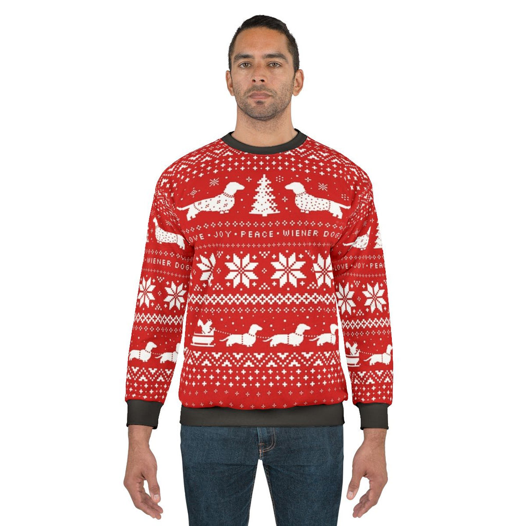 Dachshund wearing a cozy Christmas sweater pattern sweatshirt