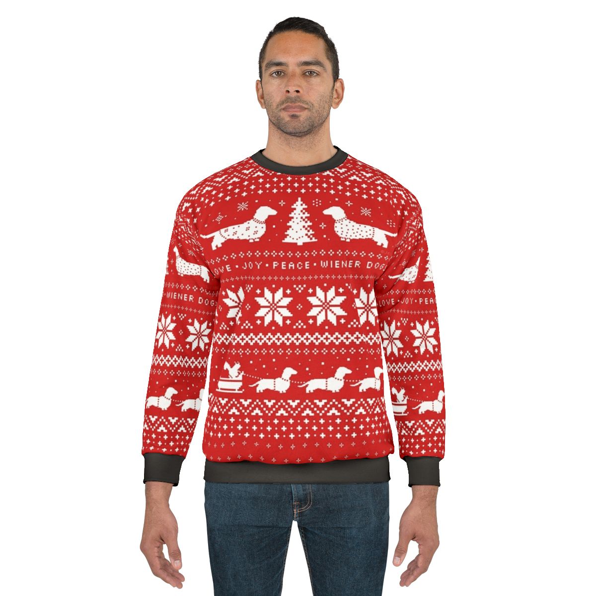 Dachshund wearing a cozy Christmas sweater pattern sweatshirt
