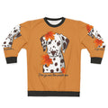 Dalmatian dog wearing a pumpkin spice themed sweatshirt