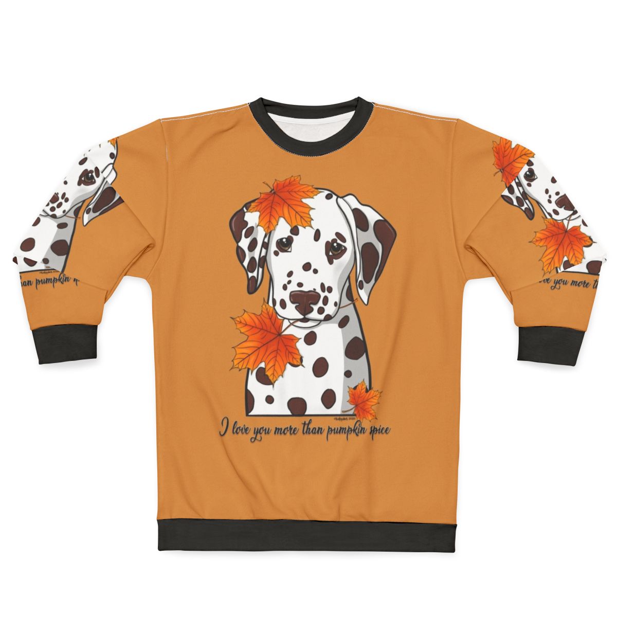 Dalmatian dog wearing a pumpkin spice themed sweatshirt