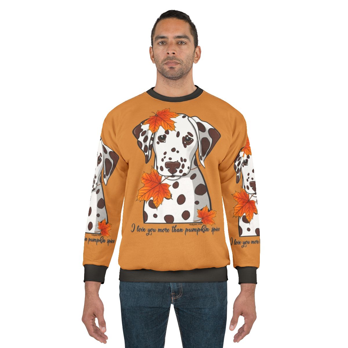 Dalmatian dog wearing a pumpkin spice themed sweatshirt