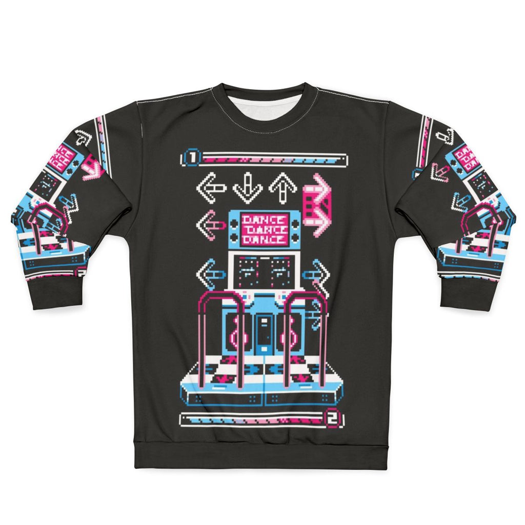 Retro dance arcade sweatshirt with pixel art and 8-bit gaming graphics