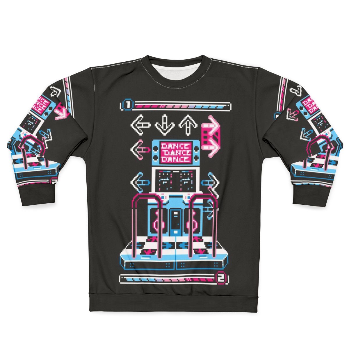 Retro dance arcade sweatshirt with pixel art and 8-bit gaming graphics
