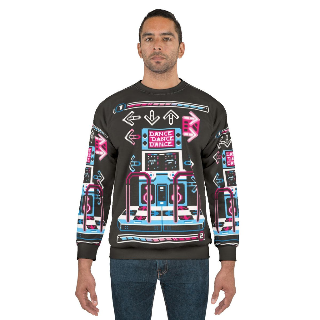 Retro dance arcade sweatshirt with pixel art and 8-bit gaming graphics