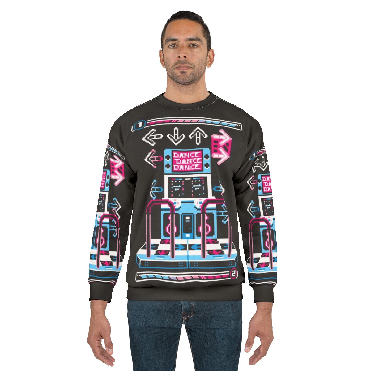 Retro dance arcade sweatshirt with pixel art and 8-bit gaming graphics