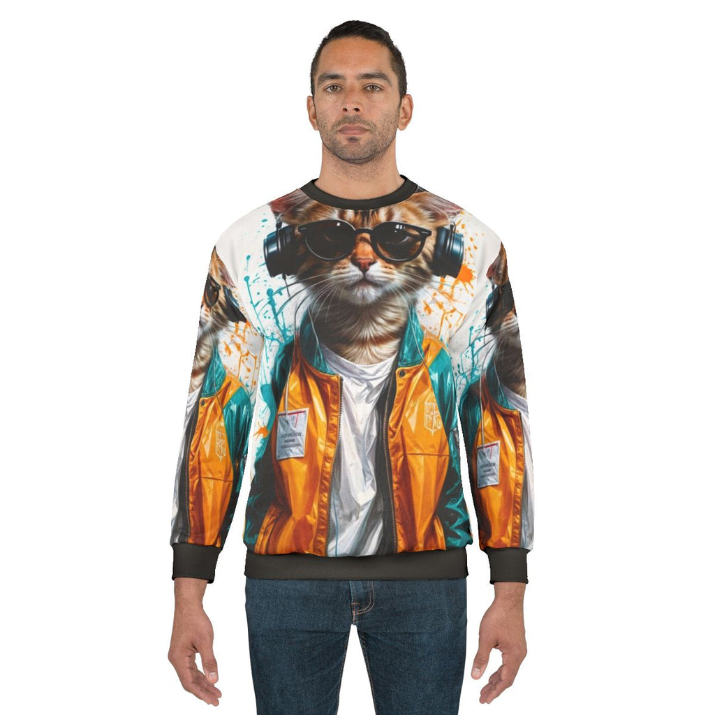 Fashionable dance cat sweatshirt featuring a cute kitten dancing with headphones