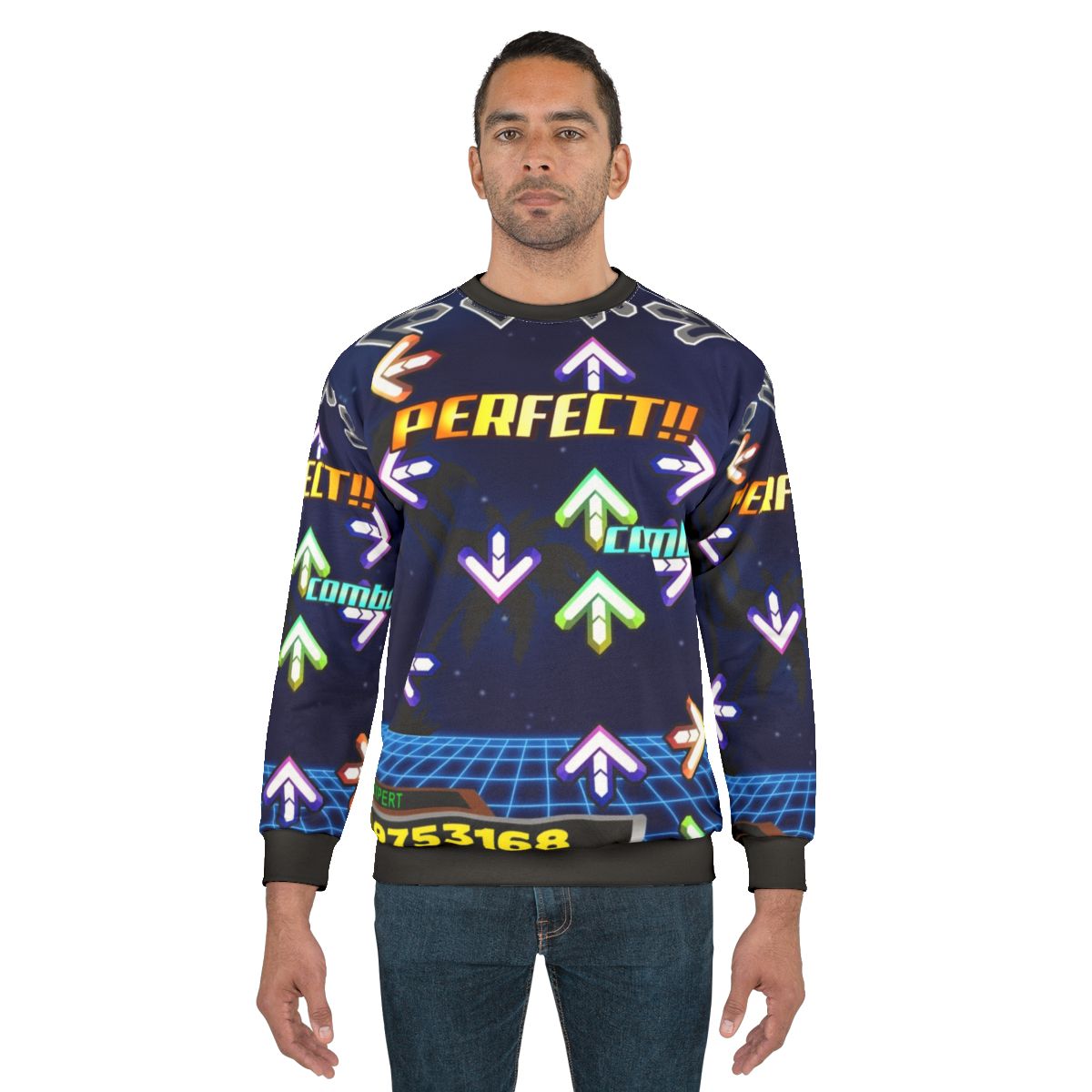 Dance Dance Revolution Sweatshirt with Neon Colors and Retro Gaming Vibes