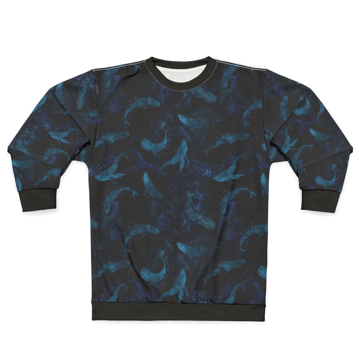 Indigo blue sweatshirt with a design of whales dancing underwater