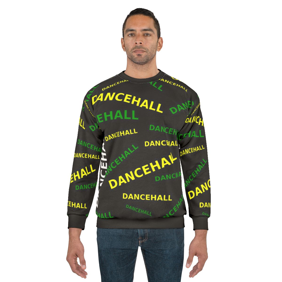 Dancehall-inspired sweatshirt with Jamaican colors and reggae music symbols