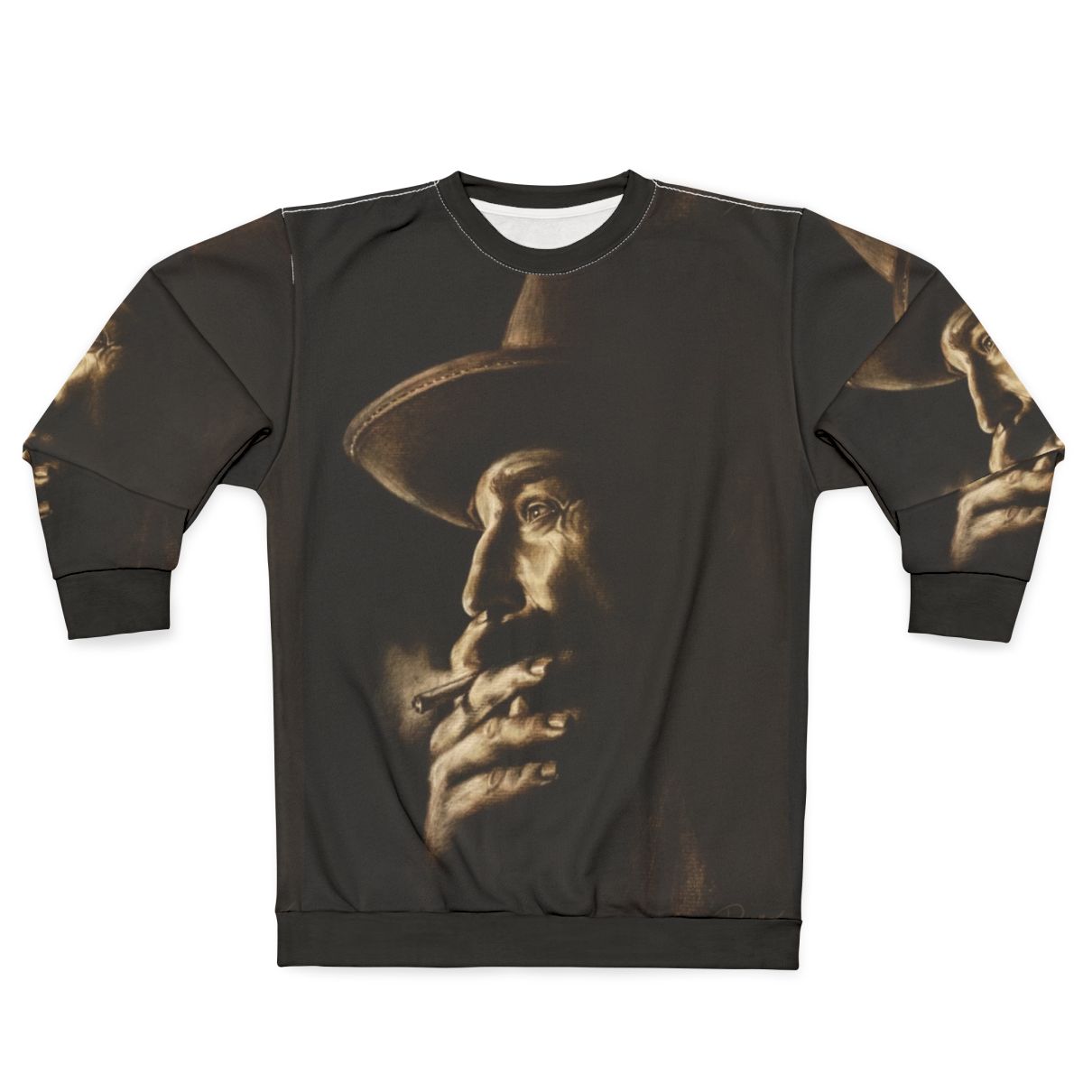 Daniel Plainview character from "There Will Be Blood" on a charcoal colored sweatshirt