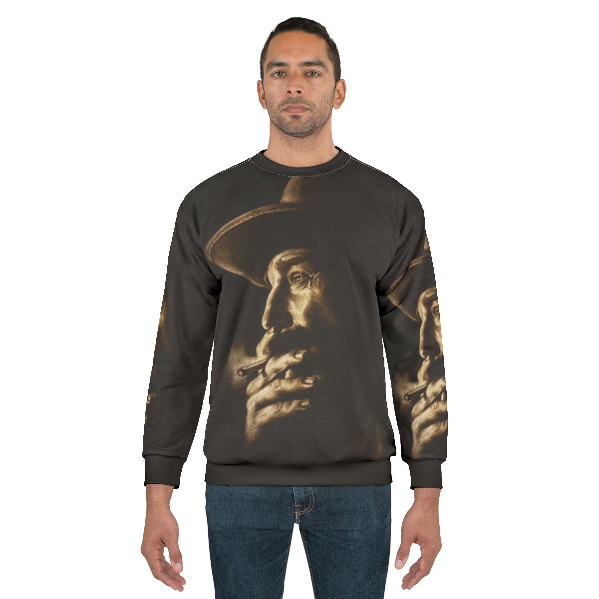 Daniel Plainview character from "There Will Be Blood" on a charcoal colored sweatshirt
