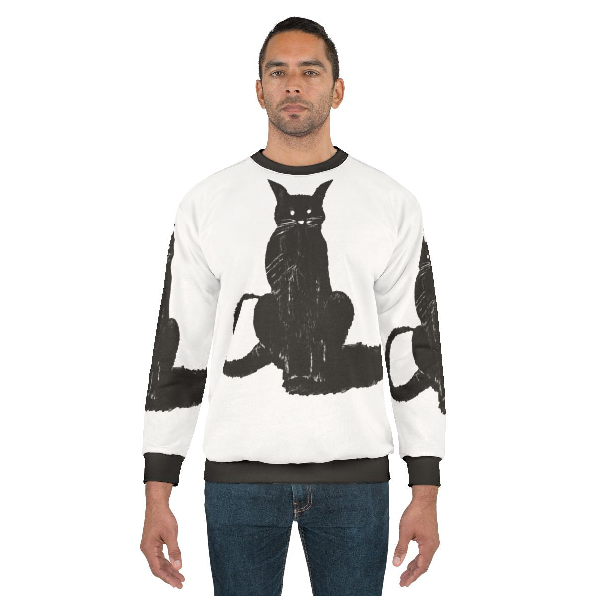 Dark cat lover wearing cozy sweatshirt