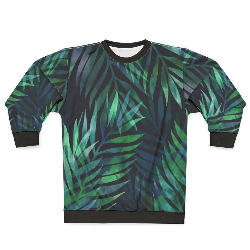 Dark green palm leaves pattern printed on a cozy sweatshirt