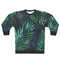 Dark green palm leaves pattern printed on a cozy sweatshirt
