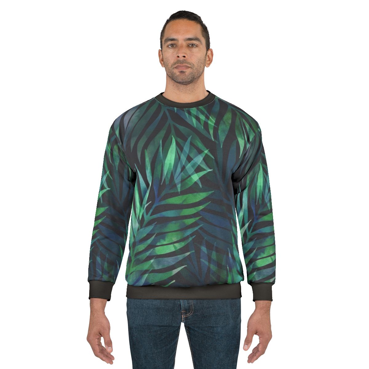 Dark green palm leaves pattern printed on a cozy sweatshirt