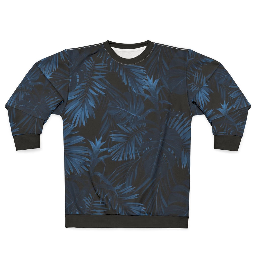 Dark indigo tropical sweatshirt with floral and nature-inspired pattern