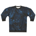 Dark indigo tropical sweatshirt with floral and nature-inspired pattern