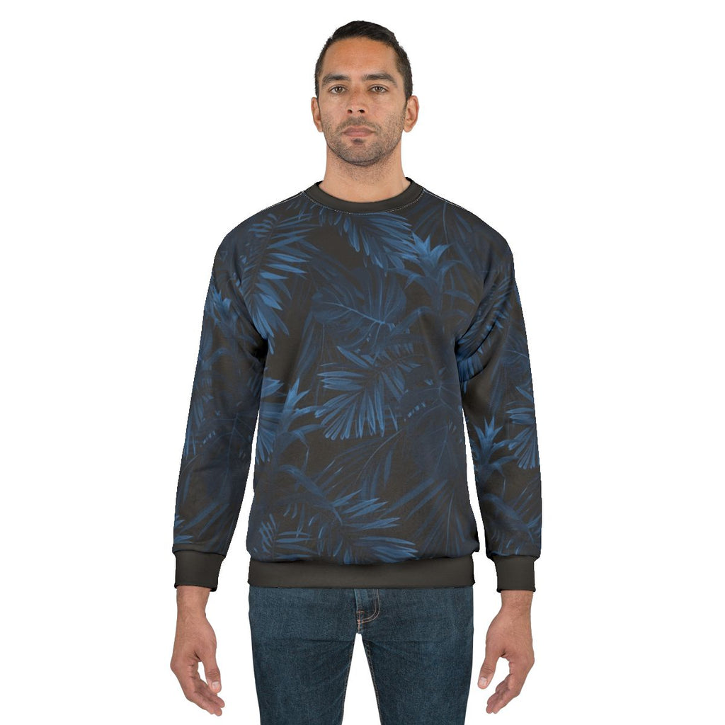 Dark indigo tropical sweatshirt with floral and nature-inspired pattern
