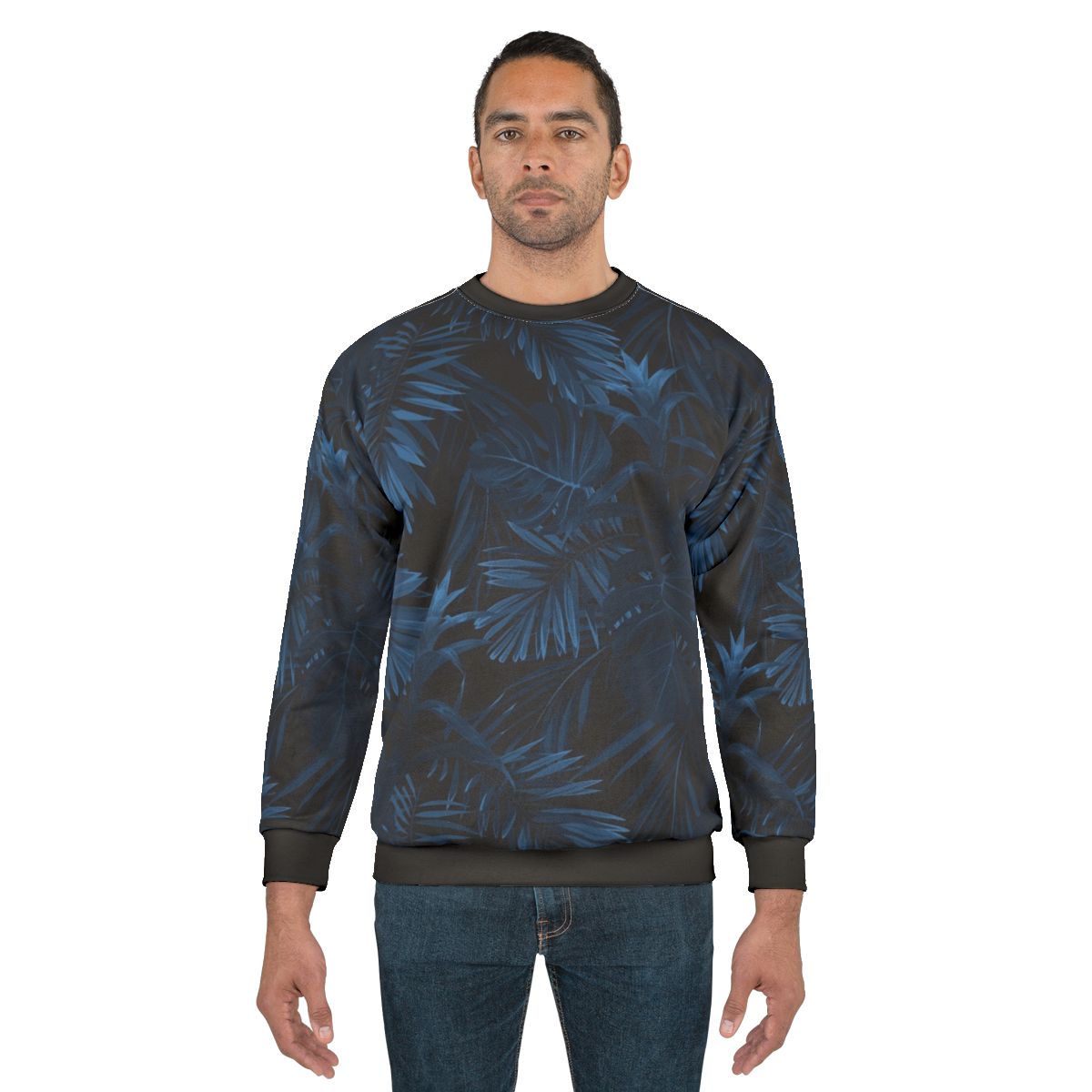 Dark indigo tropical sweatshirt with floral and nature-inspired pattern
