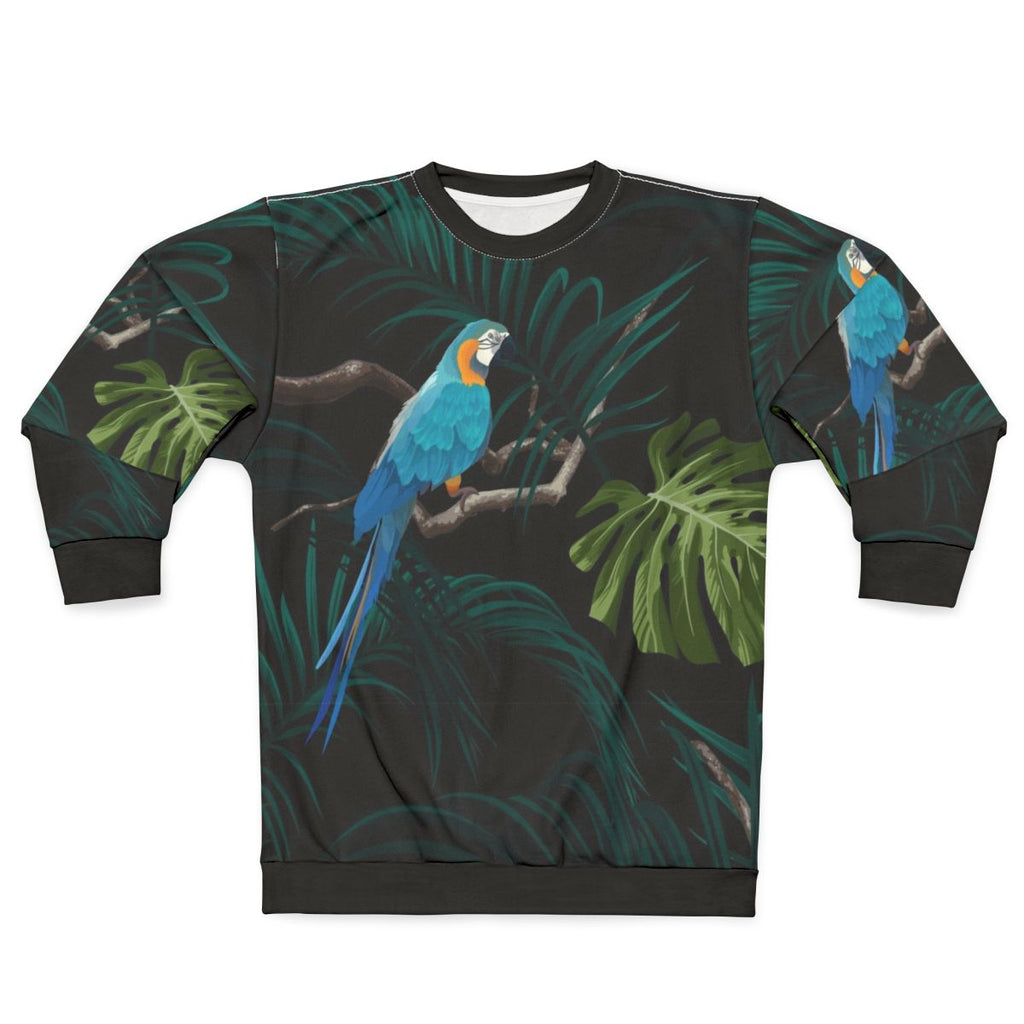 Dark tropical design sweatshirt with vintage tropical pattern and floral monstera leaves