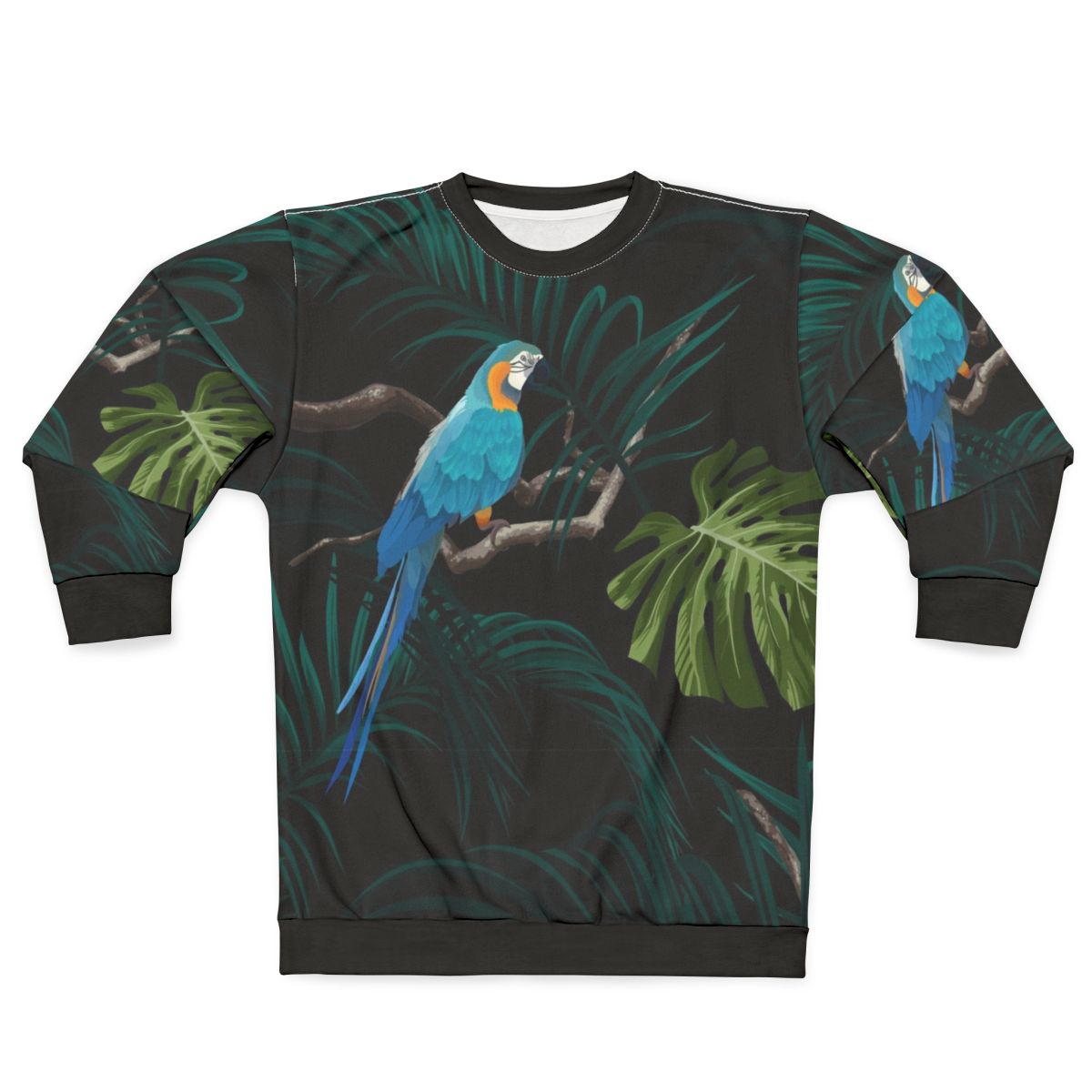Dark tropical design sweatshirt with vintage tropical pattern and floral monstera leaves