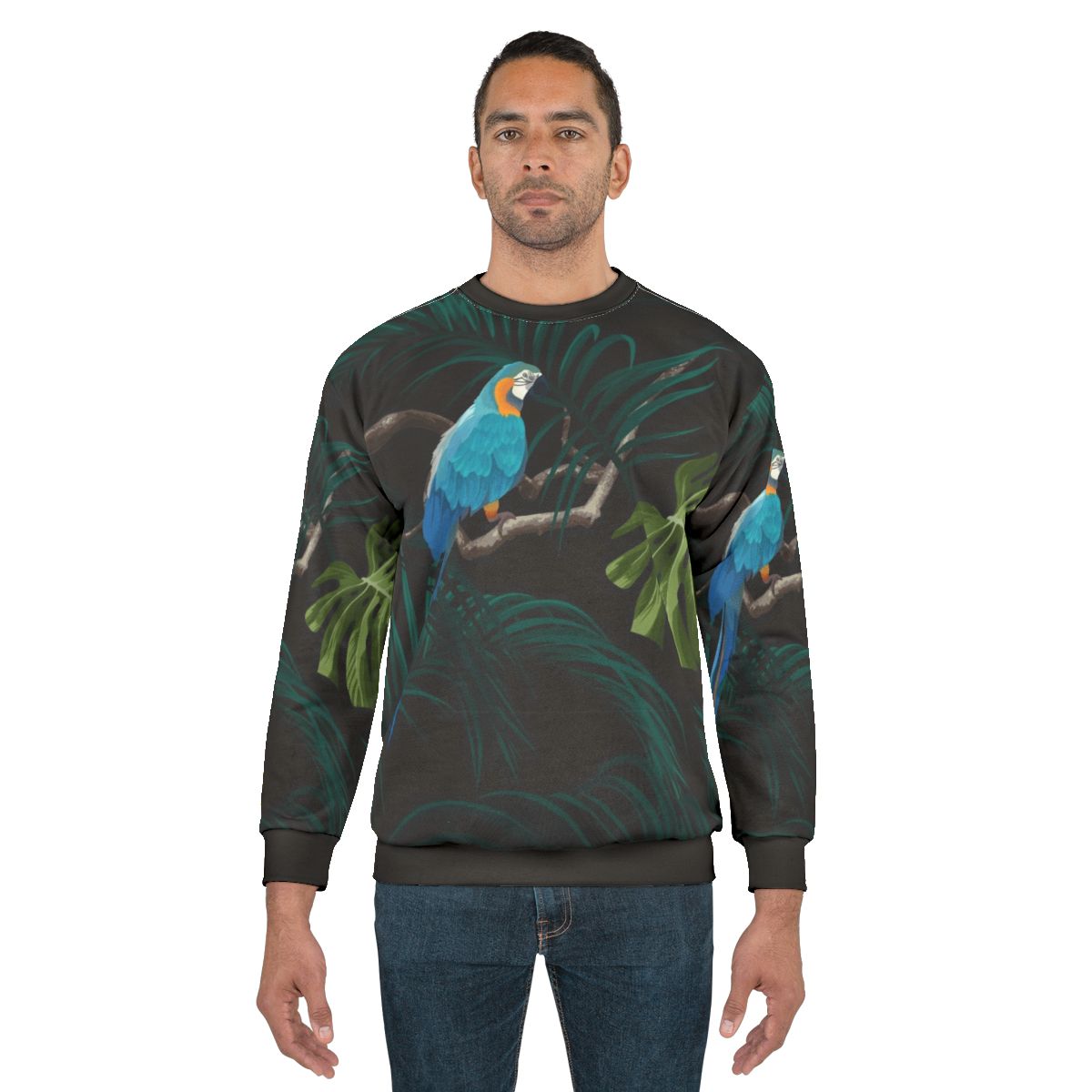 Dark tropical design sweatshirt with vintage tropical pattern and floral monstera leaves