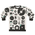 Data Sweatshirt featuring a minimalist design of vintage computer and audio media