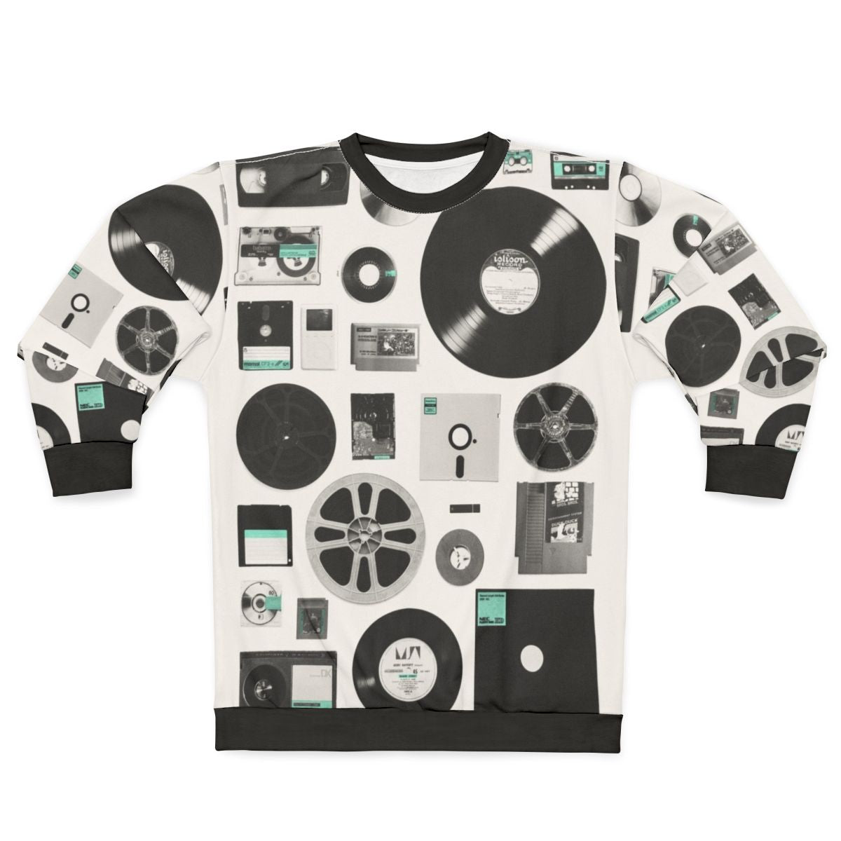 Data Sweatshirt featuring a minimalist design of vintage computer and audio media