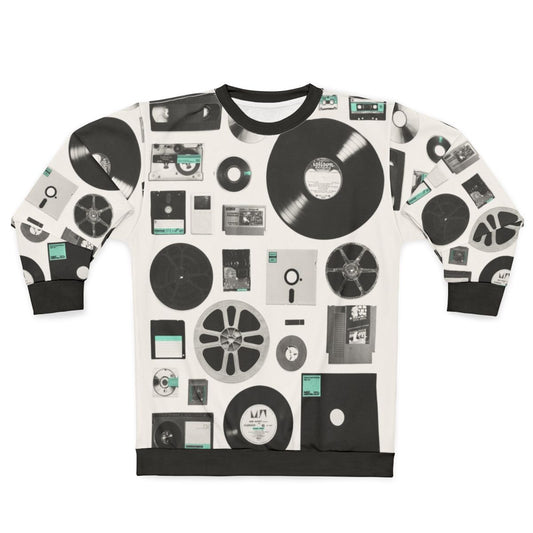 Data Sweatshirt featuring a minimalist design of vintage computer and audio media