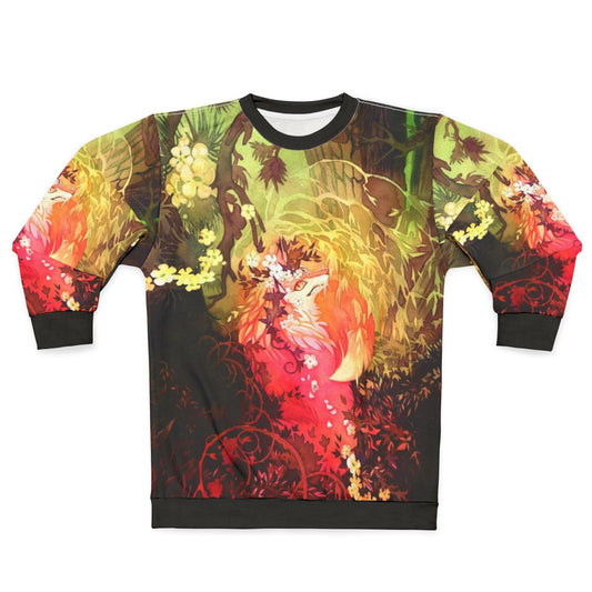 Watercolor illustration of a fox in a floral forest on a pink sweatshirt