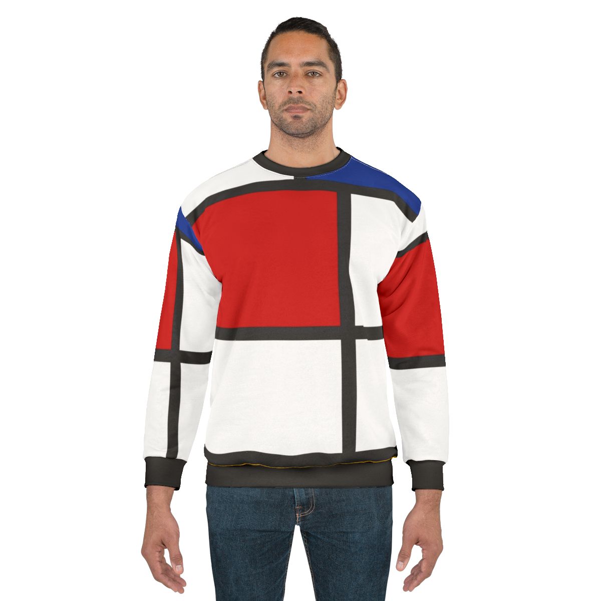 Mondrian-inspired de stijl sweatshirt with primary colors and geometric patterns