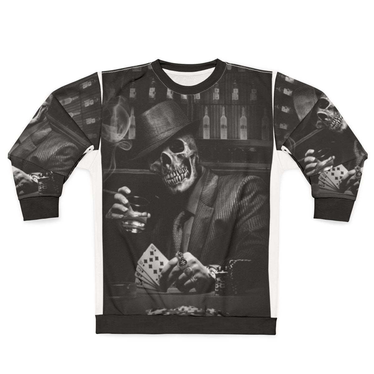 Gangster skeleton holding playing cards and whiskey glass on cool sweatshirt