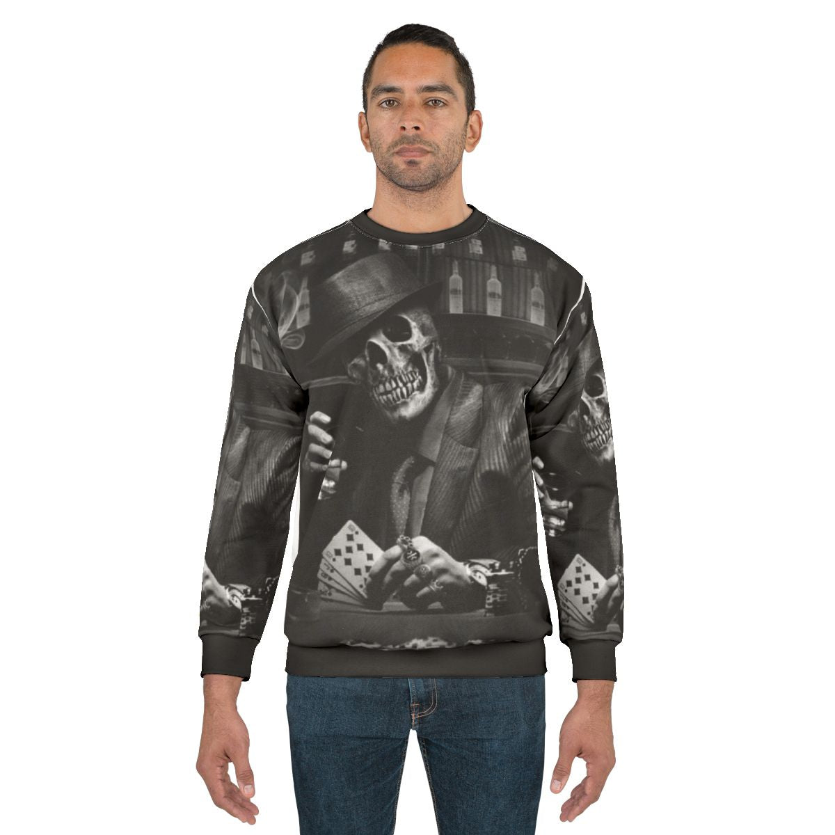 Gangster skeleton holding playing cards and whiskey glass on cool sweatshirt