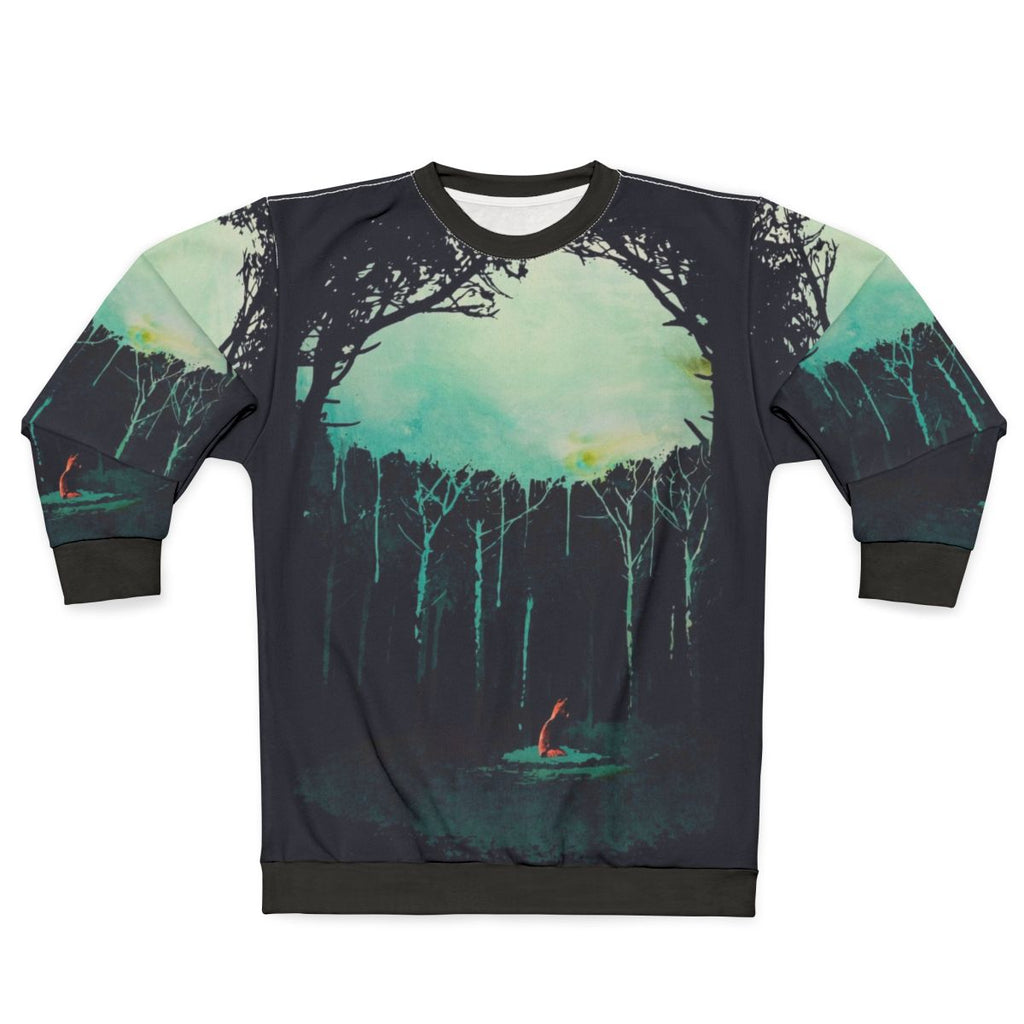 Artistic watercolor forest sweatshirt with wildlife