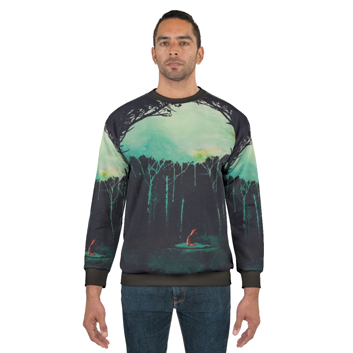 Artistic watercolor forest sweatshirt with wildlife