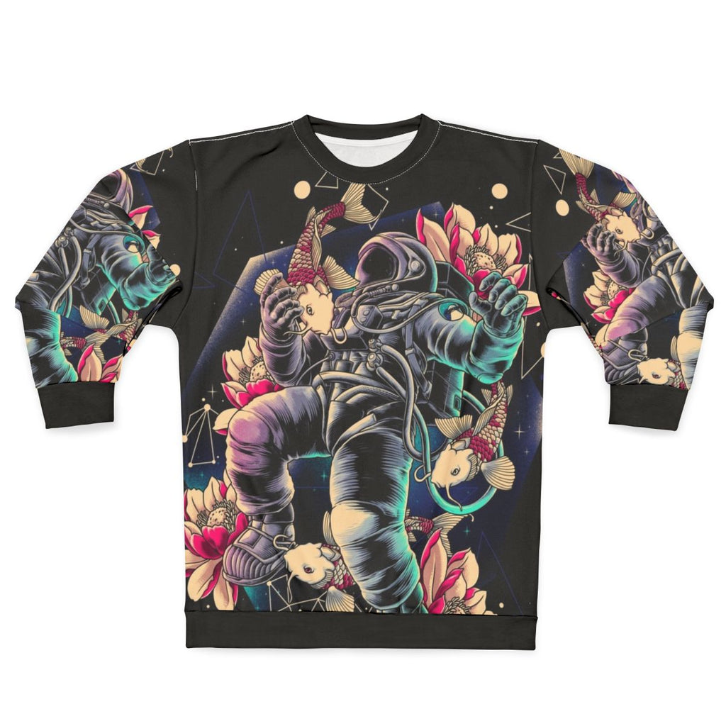 Man wearing deep space sweatshirt with geometric and cosmic design