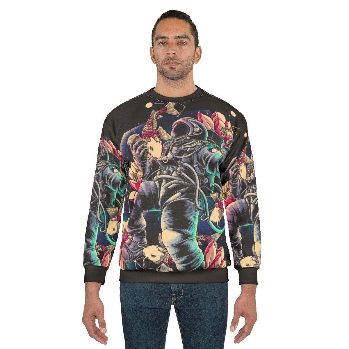 Man wearing deep space sweatshirt with geometric and cosmic design