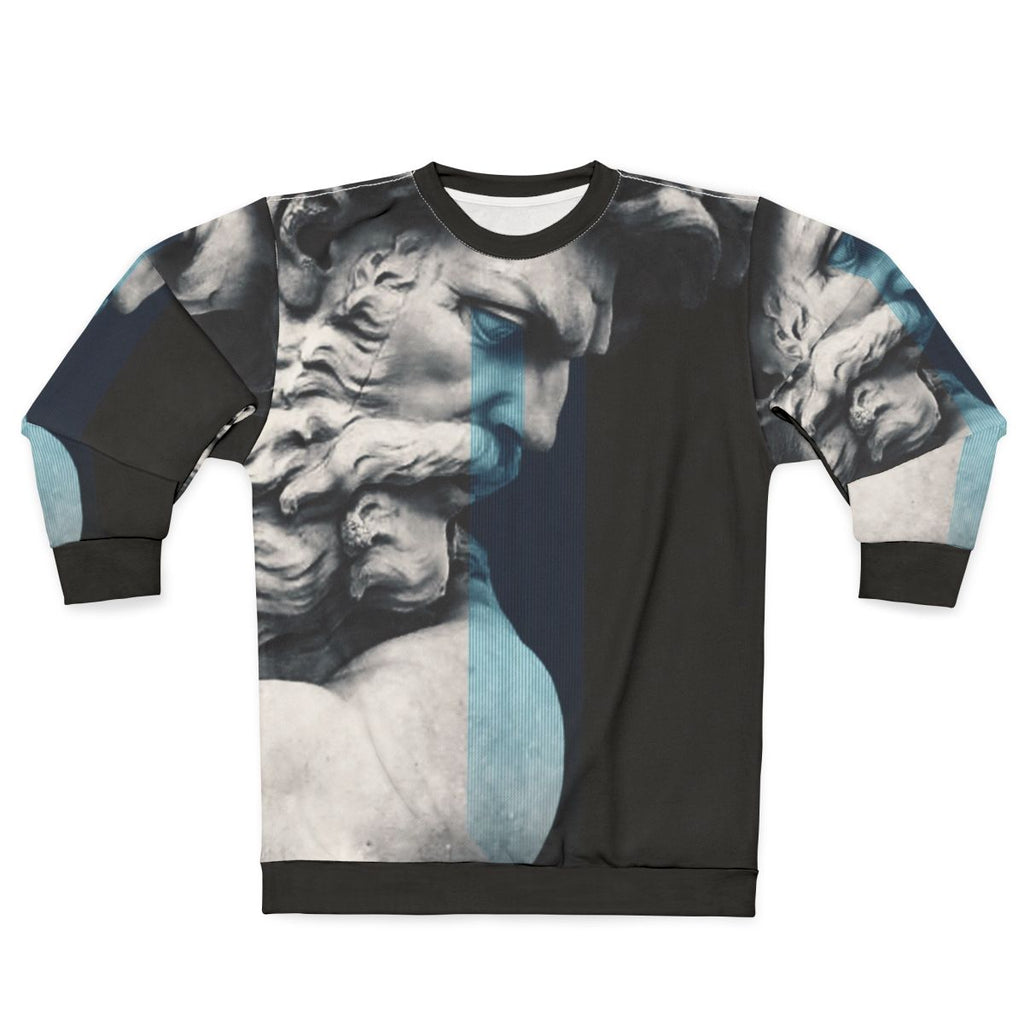 Degeneration sweatshirt featuring digital art with graphic design elements and ancient Greek mythology