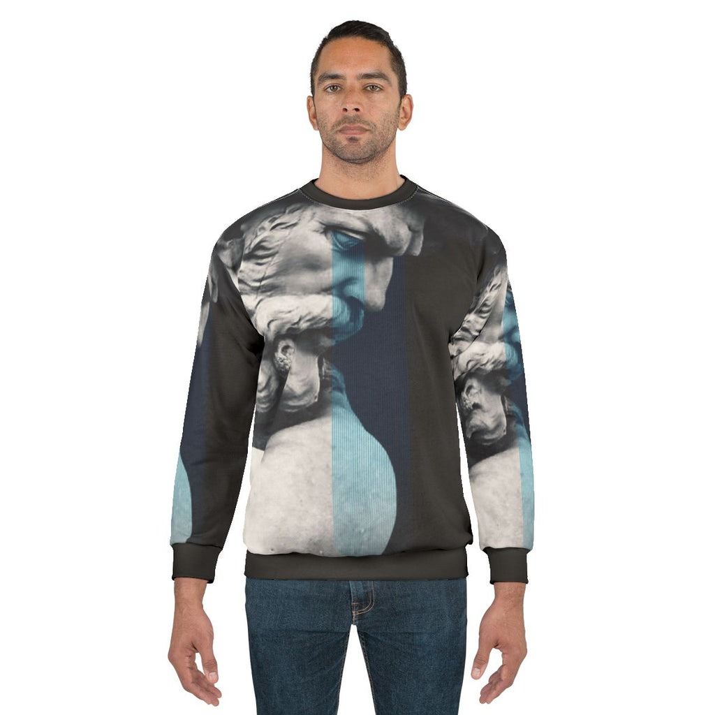 Degeneration sweatshirt featuring digital art with graphic design elements and ancient Greek mythology