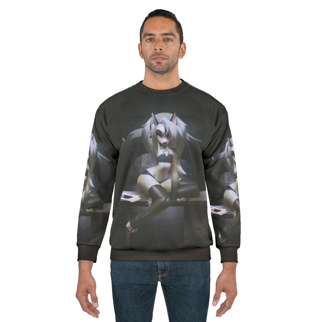 Demon girl wearing a stylish sweatshirt with anime-inspired design