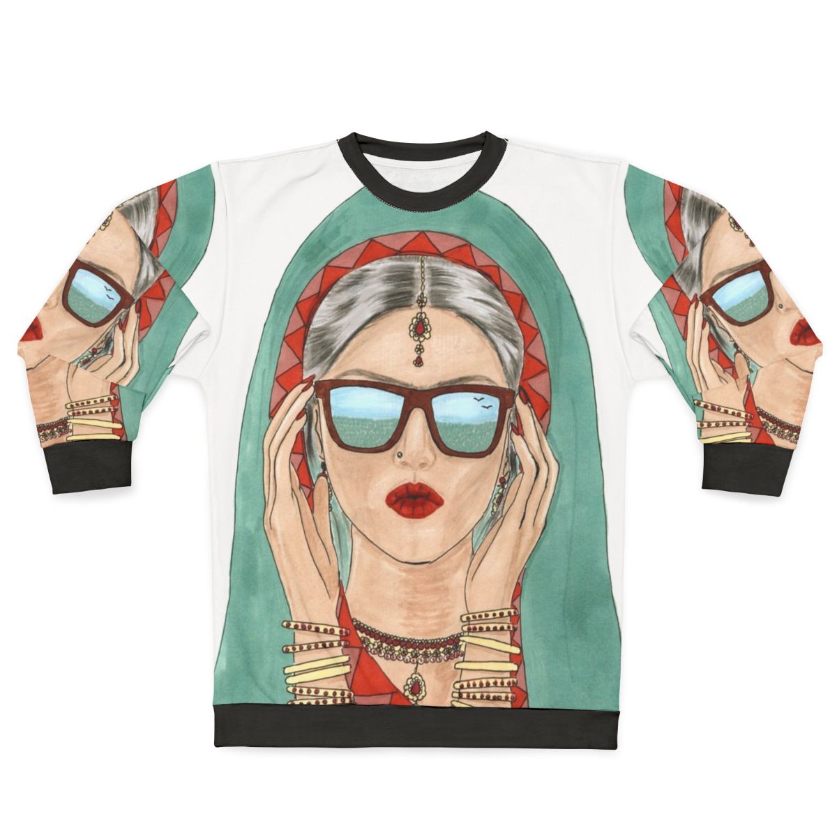 Desi girl wearing a colorful, traditional sweatshirt