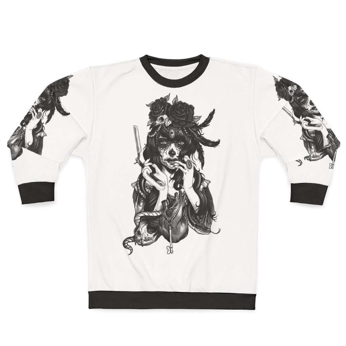 Dia de los muertos sugar skull sweatshirt featuring floral and tattoo design elements
